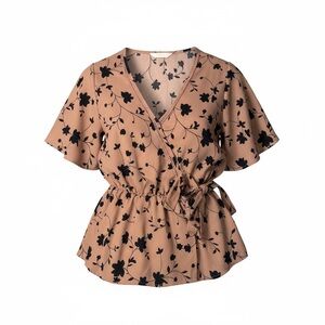 Sienna Sky Women's Pink Black Floral Short Sleeve V-Neck Blouse